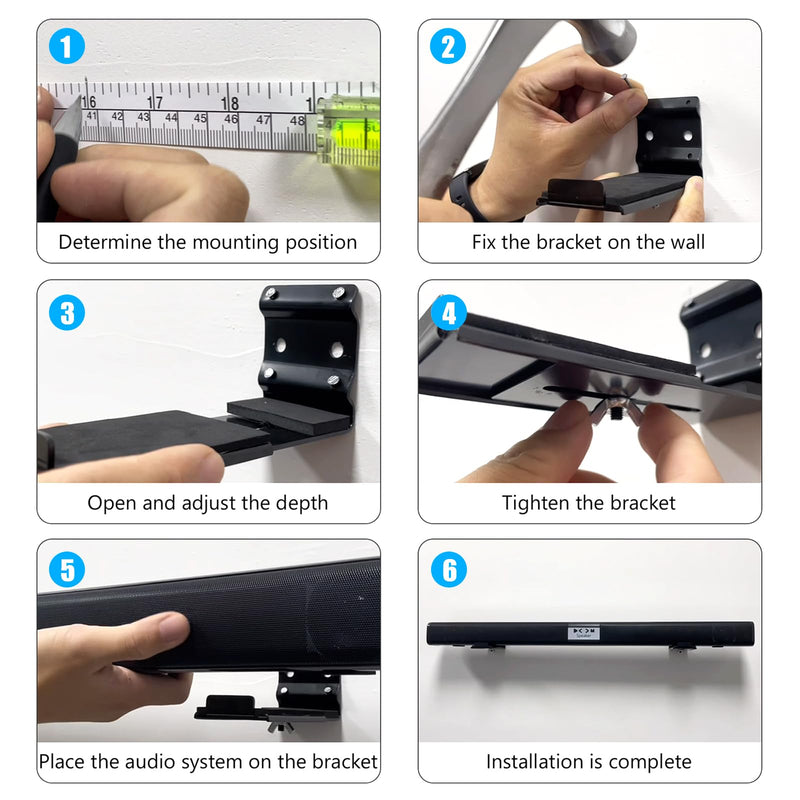Soundbar Wall Mount NO Stud Easy Install - Fits Samsung, Sony, Bose & All Brands, Adjustable Depth 3.74"-5.71", Anti-Slip EVA Pads