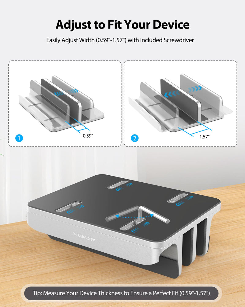 AboveTEK Vertical Laptop Stand, 3 Slots Aluminum Desk Laptop Holder & Laptop Docking Station Stand for MacBook, Tablet, Phone - Universal Fit (Up to 17.3") - Heavy Duty Polished, Anti Slide - Silver