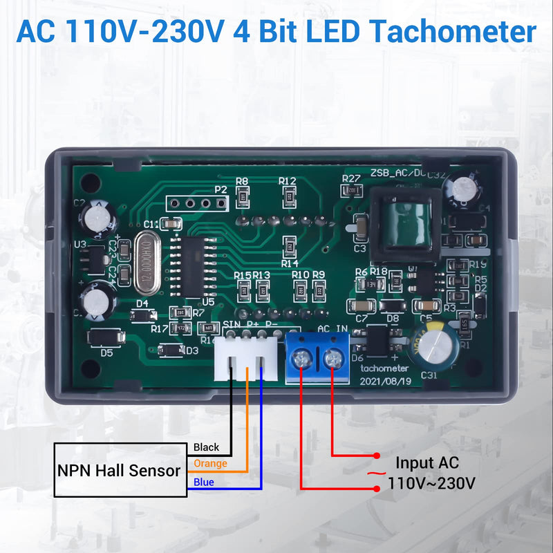 ICSTATION 4 Digital Red LED Tachometer RPM Speed Meter AC 110V-230V Digital Motor Tachometer with Hall Proximity Switch Sensor NPN for Lathe Conveyor Belt