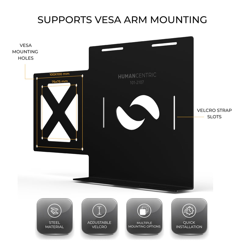 HumanCentric Universal Small Device VESA Mount for VESA Arms, Adjustable Strap Mount for Small Computers and Other Electronic Devices, Mounts On The Back of a Computer Monitor Using VESA Arm