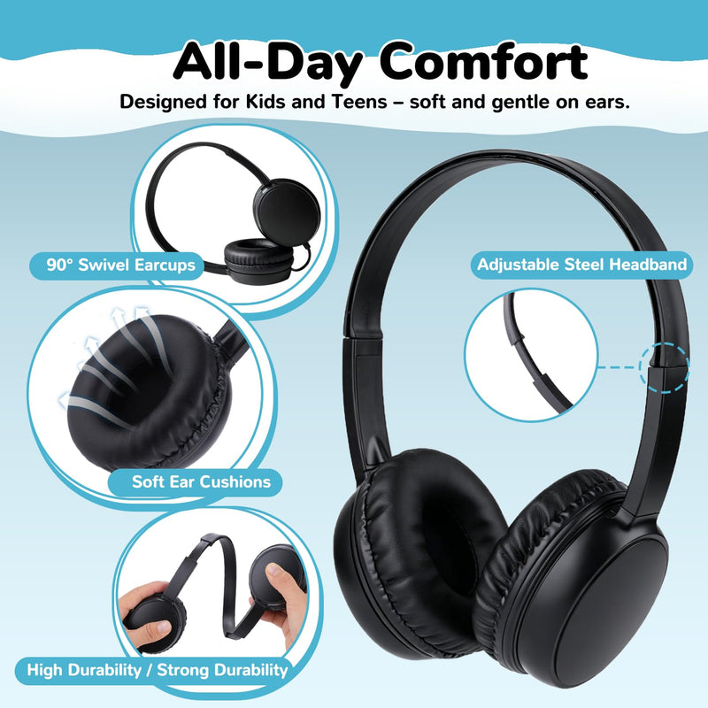 Kids Headphones Bulk 5 Pack with Microphone for School Classroom Students, Durable Wired On-Ear 3.5mm Jack Headset for Chromebook Tablets Computer Travel (HY30, 5Black) Black