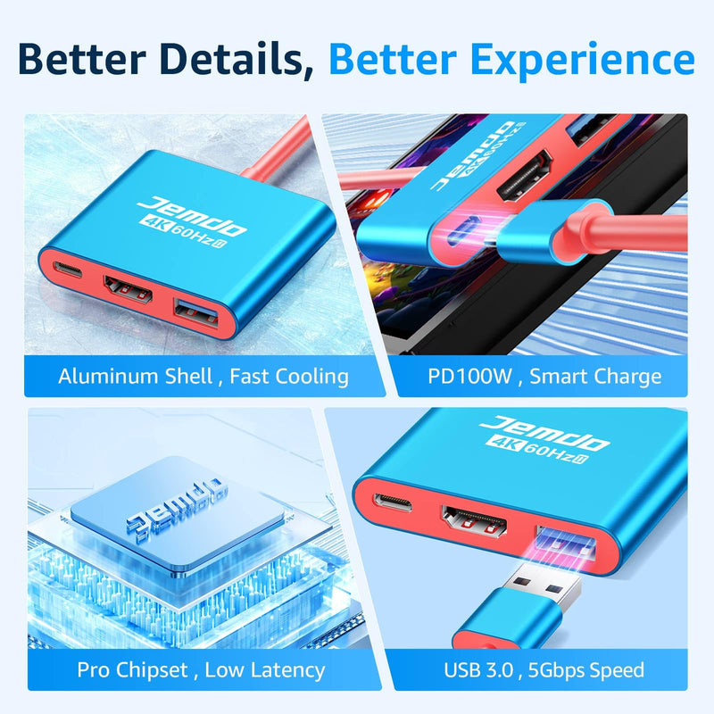 Switch 2 HDMI Adapter Dock Station(3 Ports), 4K 60Hz HDMI 2.0,18Gbps,PD 100W & USB 3.0, Portable USB-C to HDMI Travel Dock for TV Compatible with Nintendo Switch 2/OLED/2017/Steam Deck/ROG Ally 4K60Hz Blue