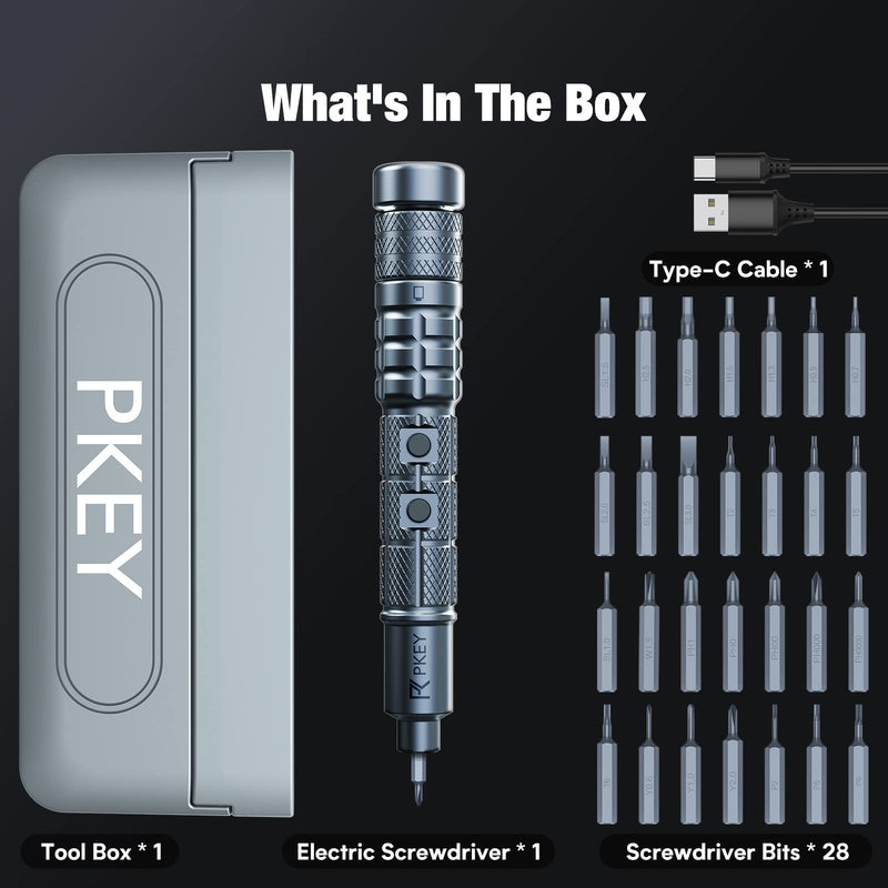 PKEY Mini Electric Screwdriver Set,Precision Electric Screwdriver， Cordless with 28 Precision Magnetic Bits, 3 Gears Torque, Overload Protection, Repair Tool Set for Phone Camera Laptop Watch CS0631A
