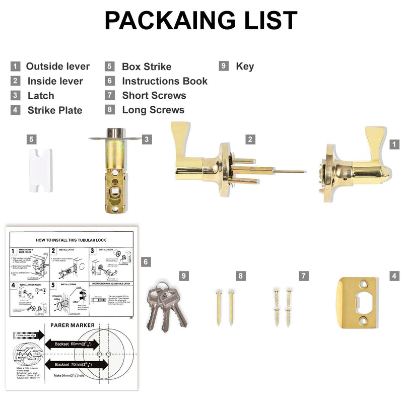 High-Security Stainless Steel Door Handle with Lock and Key, Door Lever for Bedroom, Bathroom and Rooms(Gold) 8300-Gold
