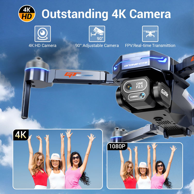 Drones with Camera for Adults 4k Foldable RC Quadcopter with 3 Camera, Brushless Motor Drone for Beginners Adjustable Camera, 360° Flip