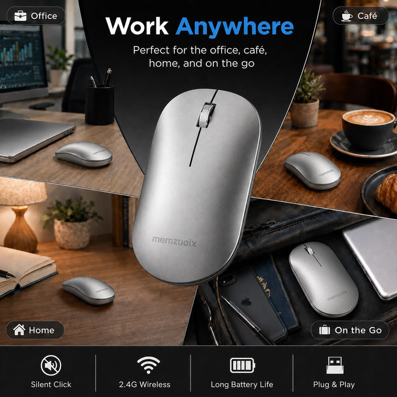 memzuoix 2.4GHz Wireless Mouse, Silent Click Portable Mouse with 1600 DPI Precision Optical Sensor, USB Receiver, Plug and Play Compact Mouse for PC, Laptop, MacBook, Chromebook, Chrome OS, Silver