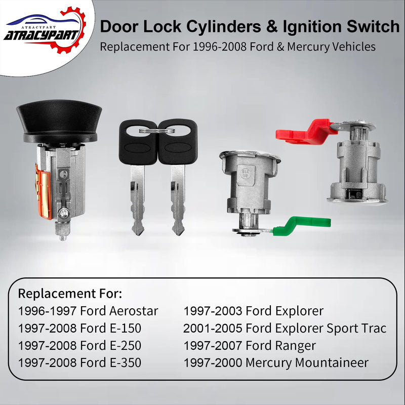 Door Lock Cylinders & Ignition Switch with Keys, Compatible with 97-08 Ford E150/250/350, 97-07 Ranger, 97-03 Explorer, 01-05 Explorer Sport Trac & More, Replace# LC6177, DL5886 X2, 597638 (No chip) LC6177 + DL5886 X2 + 597638