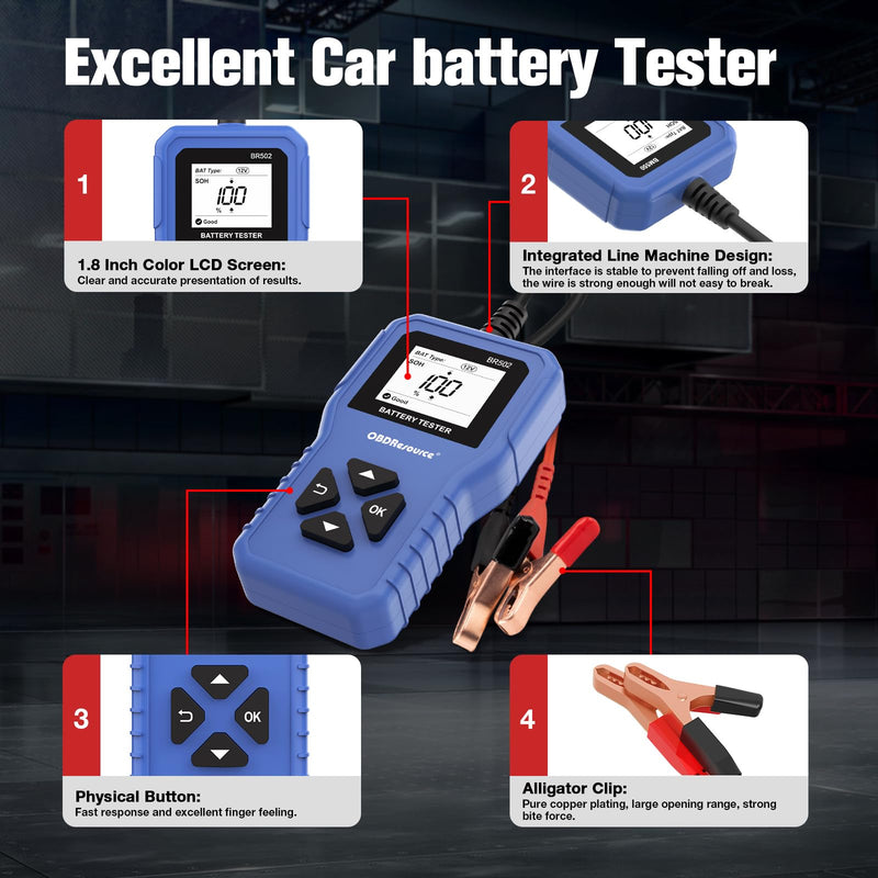 Car Battery Tester 6V 12V 24V Battery Voltage Tester, BR502 100-2000 CCA 2Ah-220Ah Internal Resistance Tester Automotive Accurate Digital Auto Battery Analyzer for Car Truck Marine Motorcycle SUV Boat Blue