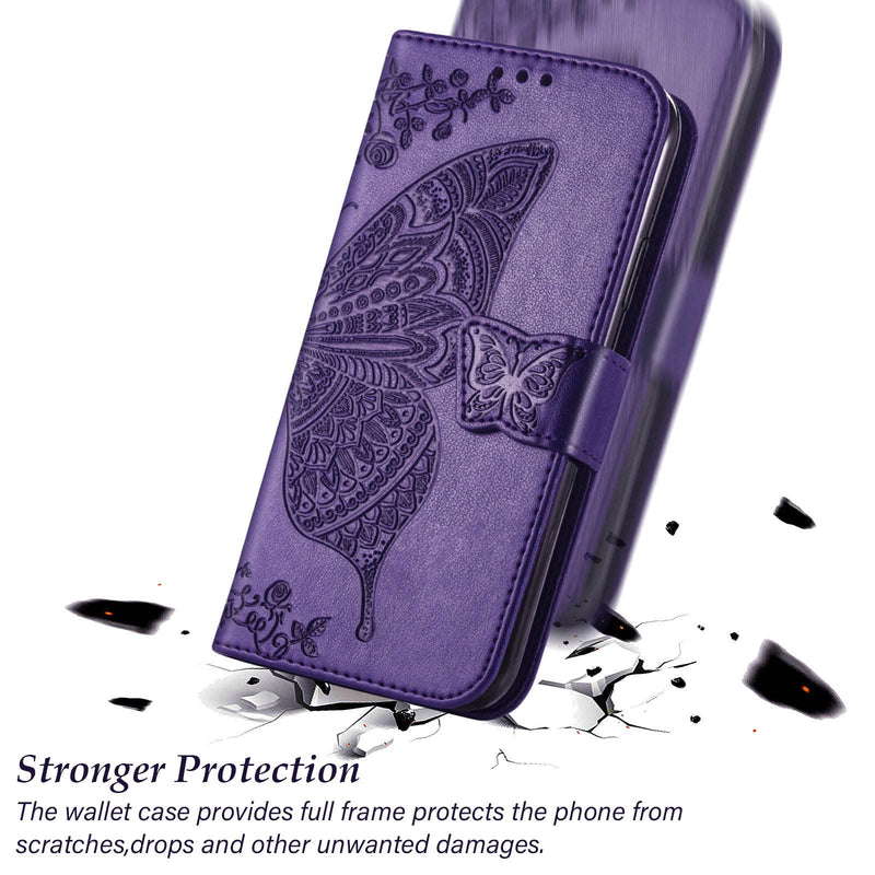 for iPhone 17e Wallet Case for Women,Butterfly Flip Cover,Purple | Embossed PU Leather, Stand, Card Holder Slots, Wrist Strap,Protective Phone Purse 6.1" Purple