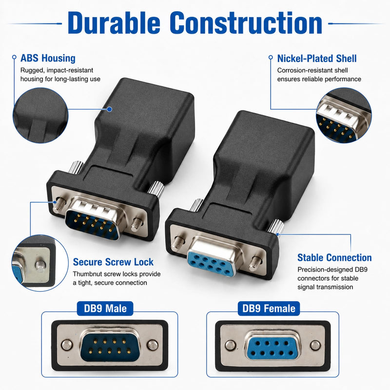 DB9 to RJ45 Serial Adapter, RS232 Female and Male to RJ45 Female Ethernet Converter, Compatible with 9 Pin RS-232 Devices, 2 Pack