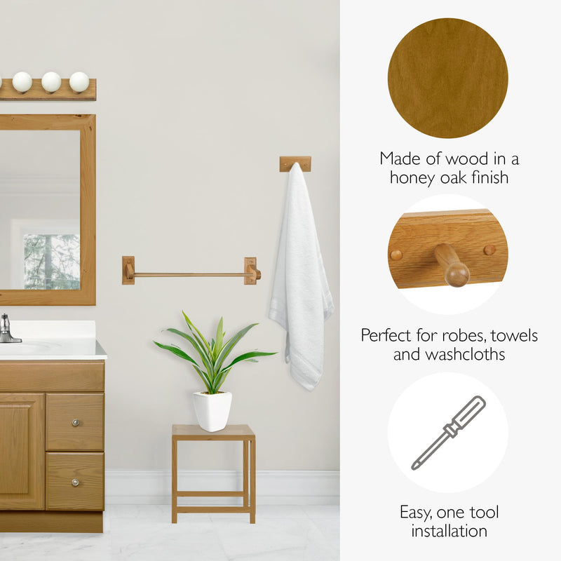 Dalton 4-Piece Bathroom Accessory Set, Honey Oak, Includes Towel Bar, Towel Ring, Toilet Paper Holder, and Robe Hook – Design House, 561258 4 Piece Set