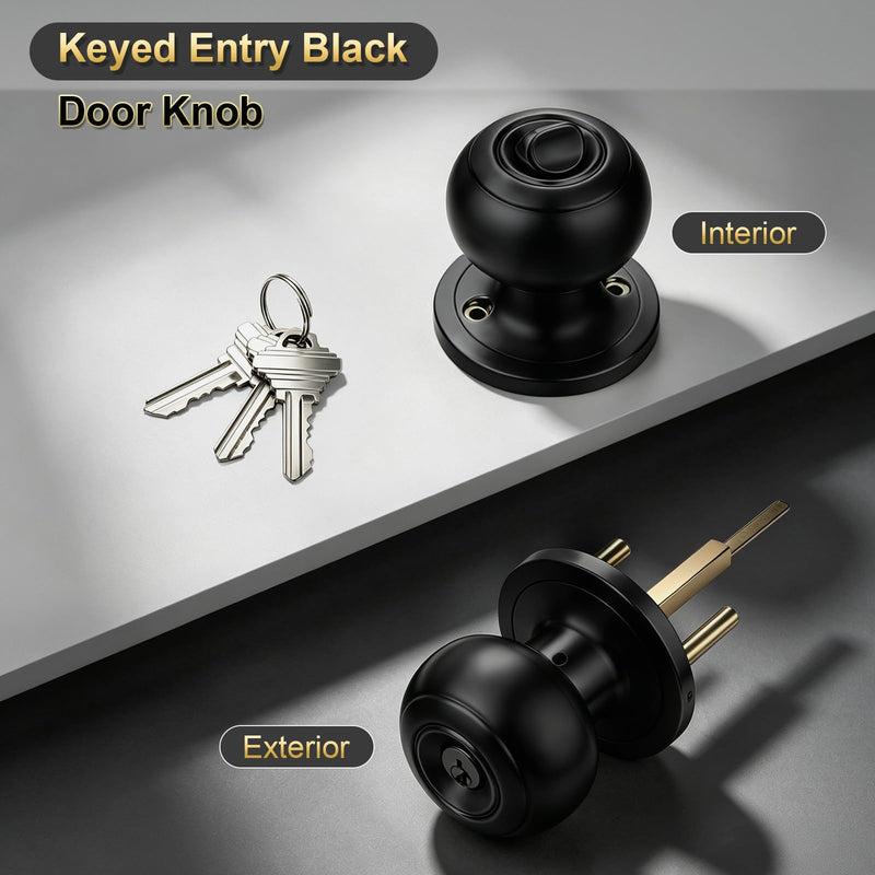 3 Pack Keyed Entry Door Knob, Entrance Door Lock, Keyed Different, Flat Ball, Matte Black Interior and Exterior Entry Door Knobs 3