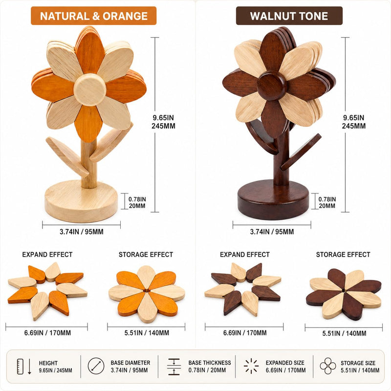 Sunflower Trivets for Hot Dishes, 5Pc Wooden Tree Trivet Stand Set | Flippable wooden sunflower petals expand 5.5 to 6.69 in - trivet & coaster in one, doubles as countertop decor Walnut & Beech Wood