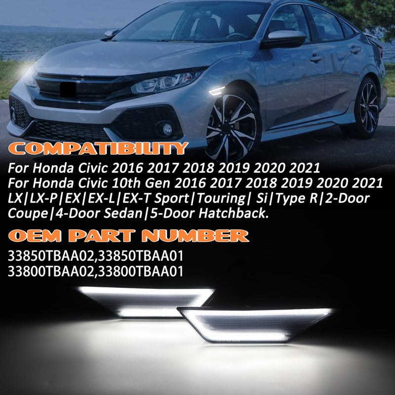 White LED Side Marker Lights for Honda Civic 2016-2021 10th Gen Civic Sedan Coupe Hatchback, Front Bumper Fender Turn Signal Reflector Daytime Running Lights, Smoked Lens 2PCS
