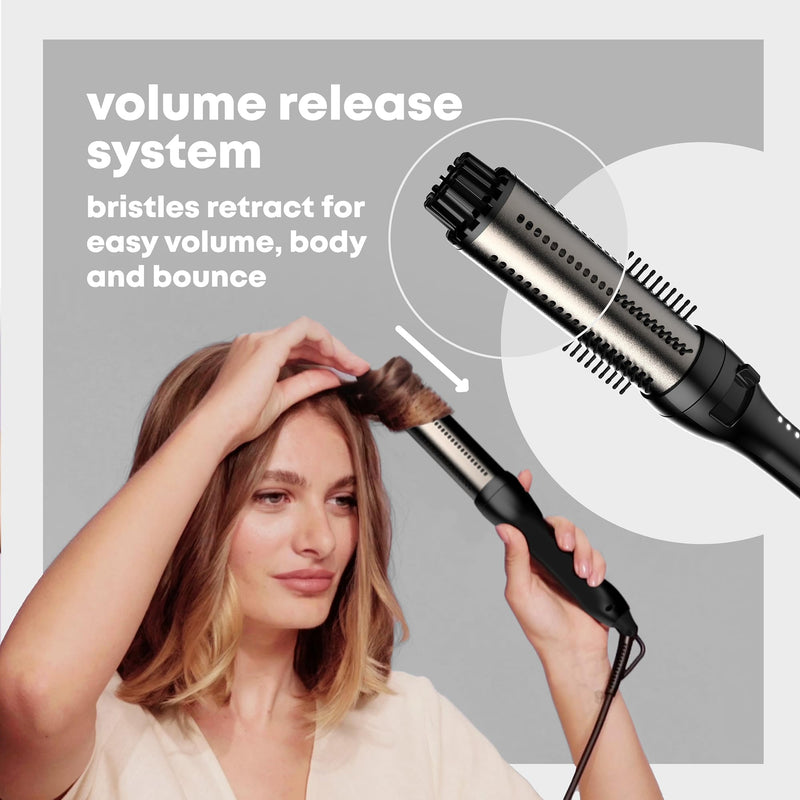 REVAMP Volume & Shape Ceramic Hot Brush Styler - Round Barrel 38 mm | Heated Curling Brush, Volume Release Retracting Bristles, Kinder Styling, Custom Temperature, Short to Long Hair Black/White