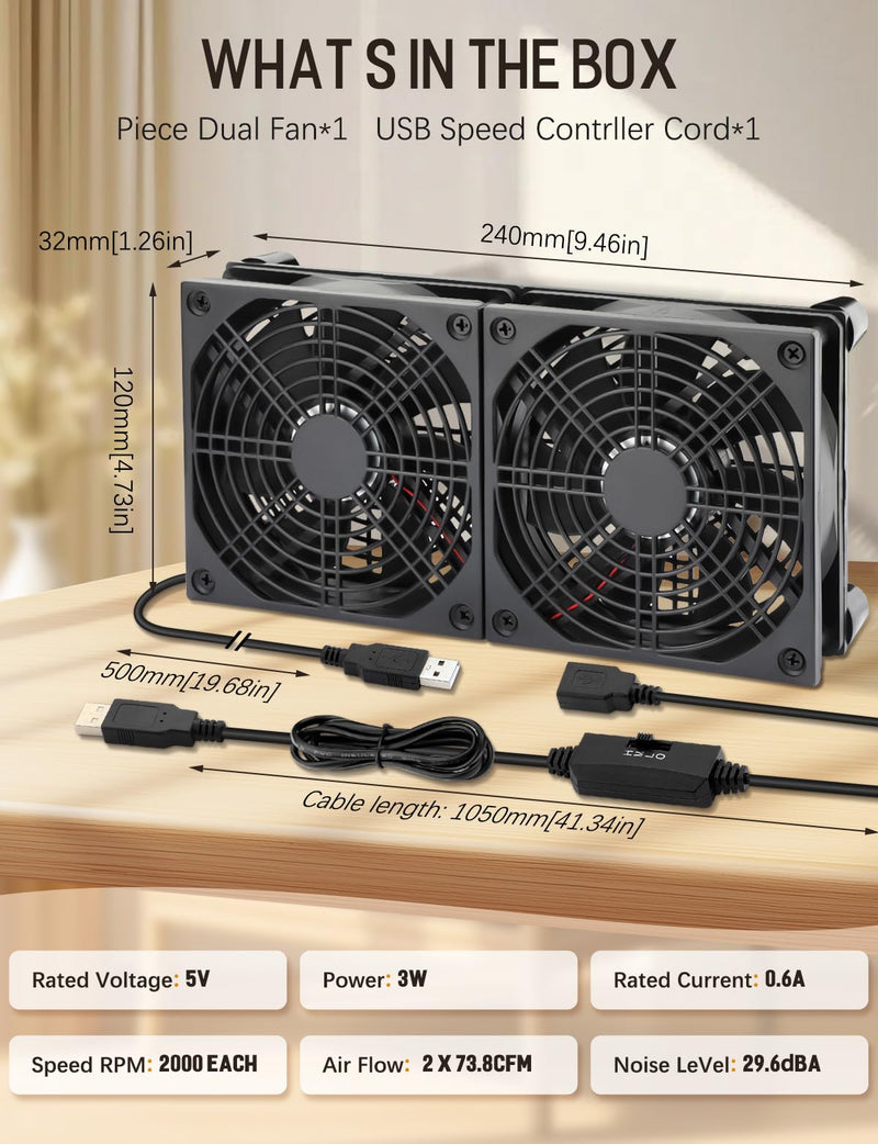120mm x 2 USB Cooling Fan 5V DC Fan with Speed Control | 240mm Powered Router Fan Cooling for DVR Computer Receiver Xbox TV Box PlayStation Cabinet Modem 240mm USB 5v