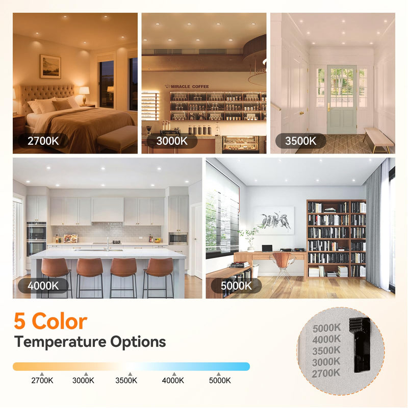 3 Inch Anti-Glare Recessed LED Lights with Night Light, Deep Baffle Downlight, Dimmable, 2700K-5000K 5CCT Selectable, with Junction Box, Canless, 680lm, ETL Listed, White, 2-Pack 3 Inch -2 Pack