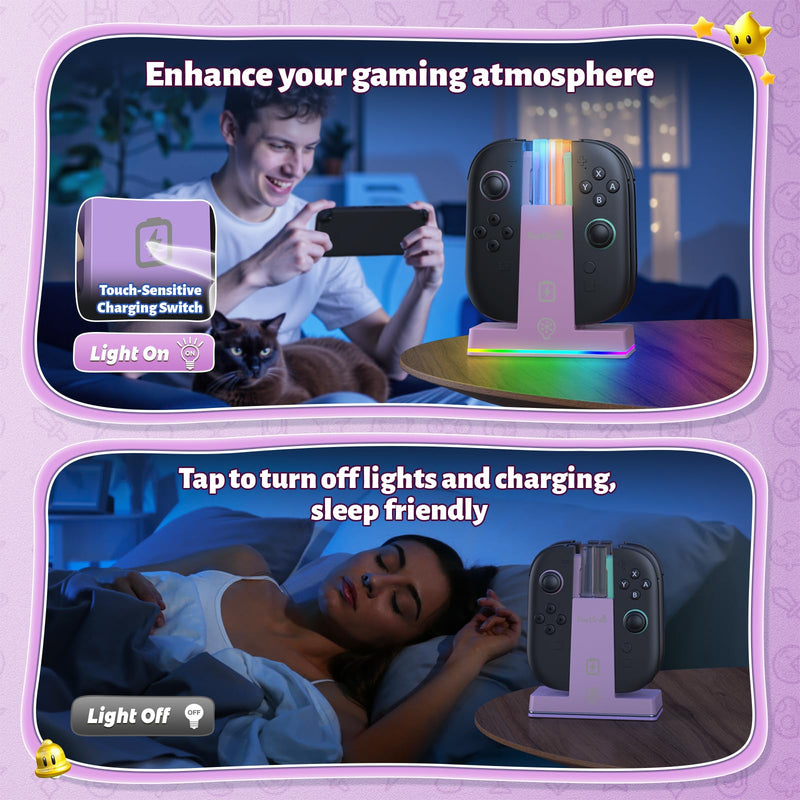 FASTSNAIL Switch 2 Controller Charger Dock for Nintendo Switch 2 for JoyCon | 4-in-1 Fast Switch 2 Joypad Charging Dock Station, 9 RGB Light, Dual-Direction Magnetic Stand for Joycon 2 Accessorie, Purple 7.9 inch Light Purple