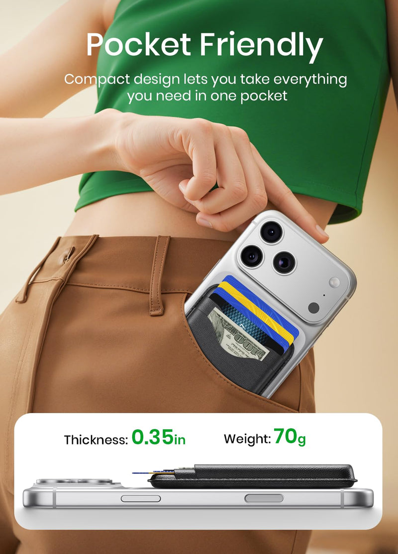 for MagSafe Wallet,Magnetic Card Holder,Vegan Leather,RFID Blocking | 3200G magnetic MagSafe wallet with RFID protection, premium vegan leather, and 5-card storage for secure everyday carry.