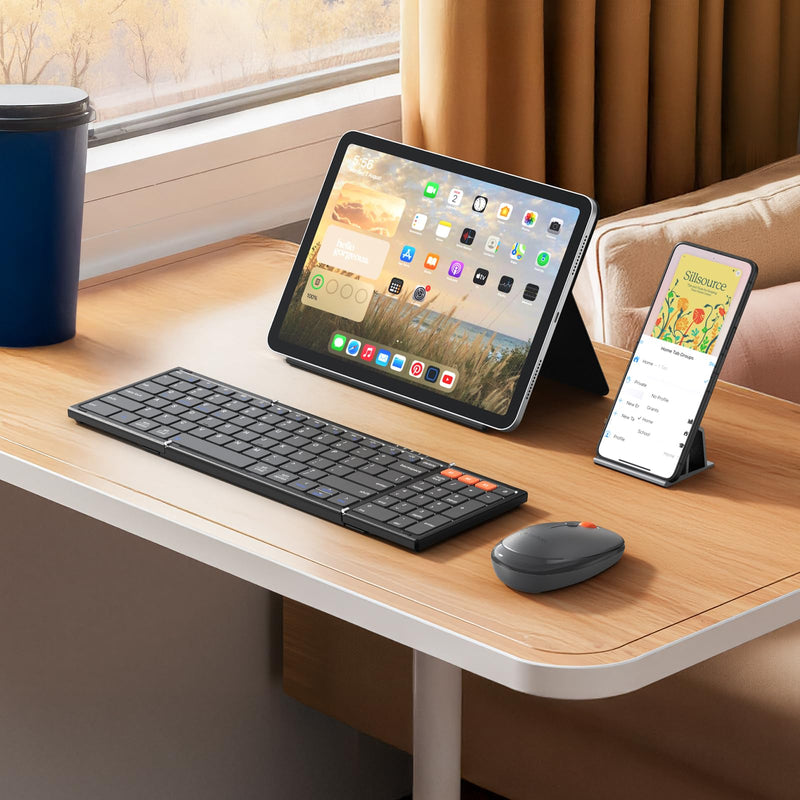 MEETION Foldable Keyboard and Mouse Combo, Bluetooth Portable Set | Rechargeable full-size folding keyboard and mouse with 2.4G & dual Bluetooth, ideal for travel, Windows, Mac & iPad Black