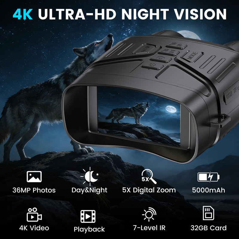 Night Vision Goggles for Adults, 4K Night Vision Binoculars with 5000mAh Rechargeable Battery and 32GB TF Card for Hunting, Wildlife Observation and Security Dark Black