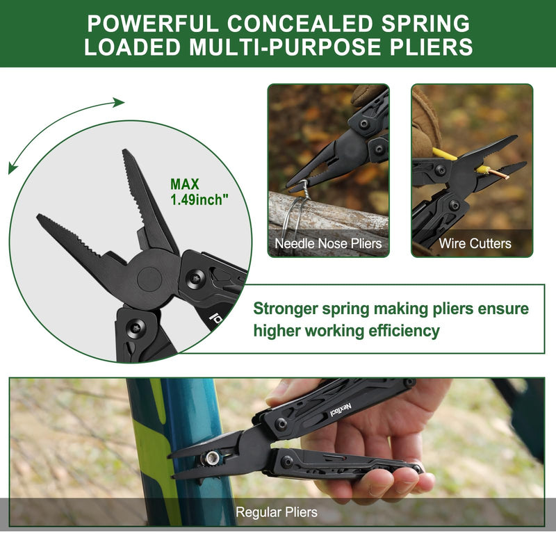 NexTool Multitool, 11 in 1 Multi Tool with Needle Nose Pliers, Scissors and Screwdriver Bits, Stainless Steel Multi Tool Pocket Knife with Safety Locking for Camping,Fishing,Hiking, Mens Gifts Unique Full Size Black Knight Pliers