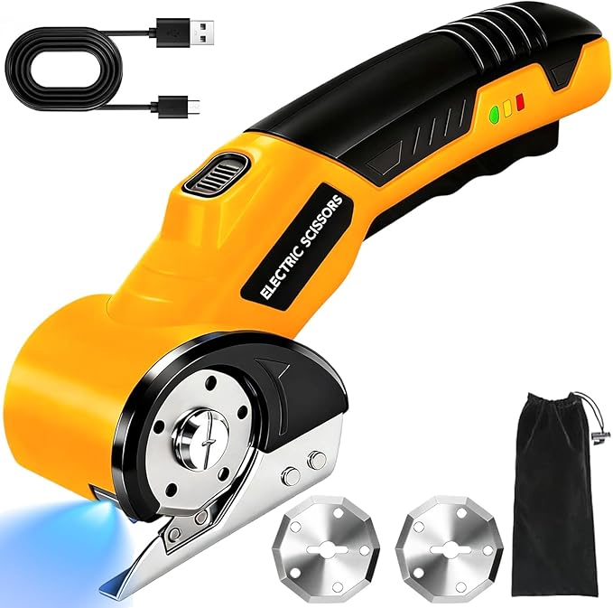 [AUSTRALIA] - 2026 New 3000mAh Cardboard Box Cutter with 2 Titanium Blades, Cordless Electric Scissors with Safety Lock & LED Light, Storage Box, 300RPM, 4V, Cutter for Fabric Carpet Carton Plastic Leather Cloth Yellow-orange 2