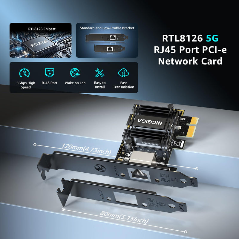5Gb Base-T Network Card, Realtek RTL8126 Controller, NICGIGA 5G PCIe Ethernet Adapter Support WOL, 5Gbe RJ45 Port NIC Card, Windows10/11/Windows Server/Linux NIC-5G
