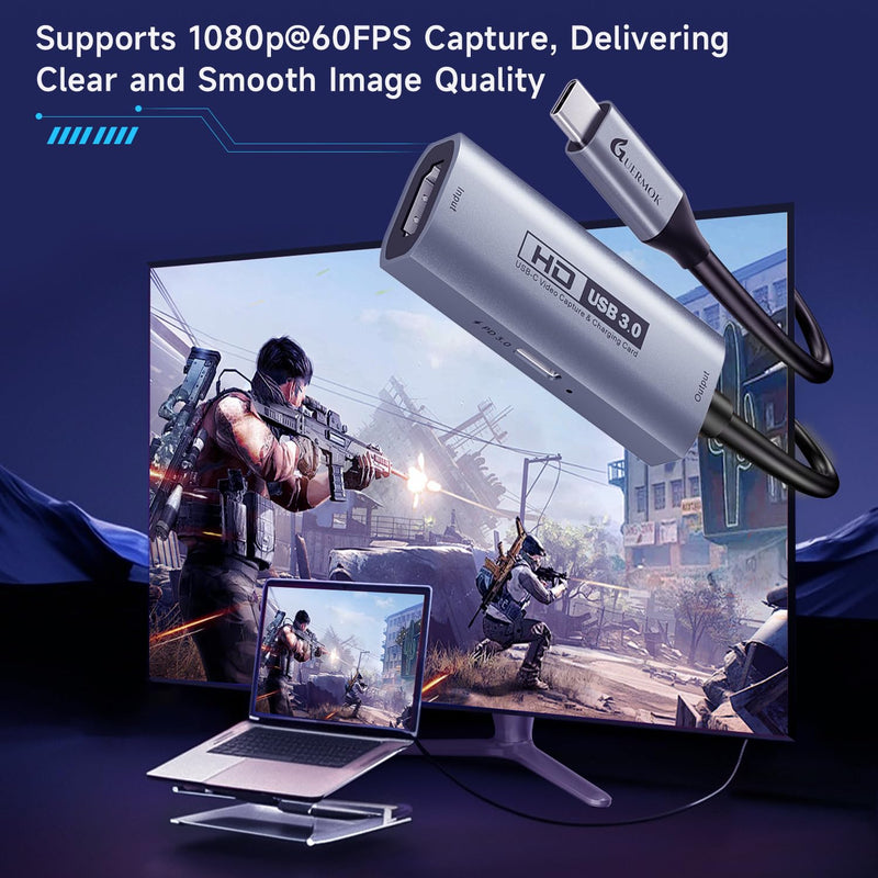 Guermok 4K USB3.0 Video Capture Card with PD 100W, 2K@30FPS or 1080P@60FPS HDMI to USB-A/C Capture Card for Streaming, Works with iPad Quest 3, MacOS, Switch2/1 PS5/4, Xbox, Camera, Silver