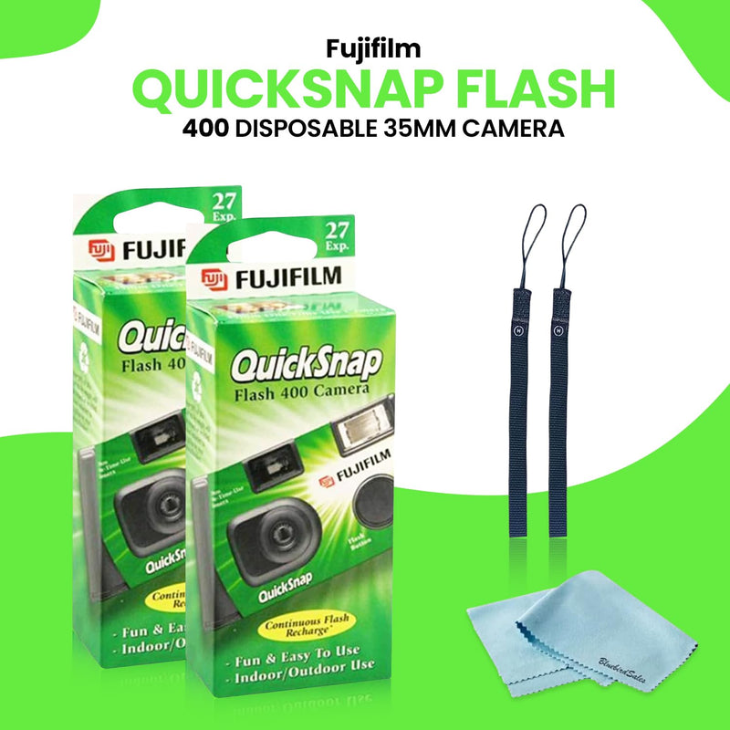 Fujifilm QuickSnap Flash 400 Disposable 35mm Camera • 4 Pack • 4 Hand Straps • 2 BluebirdSales Microfiber Cloth, Green, 7033661