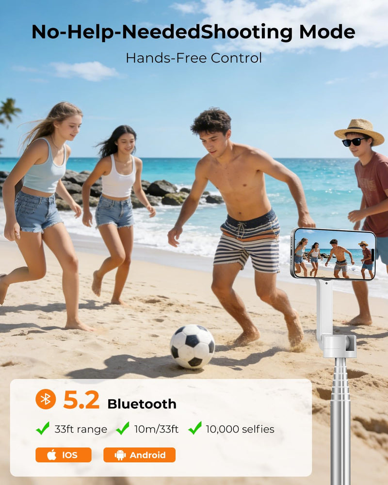 72'' Magnetic Selfie Stick Tripod for iPhone MagSafe – One-Click Open Stable Stand, Strong Magnetic Mount, 360° Rotation, Extendable Aluminum Tripod with Bluetooth Remote for Travel & Video Recording White