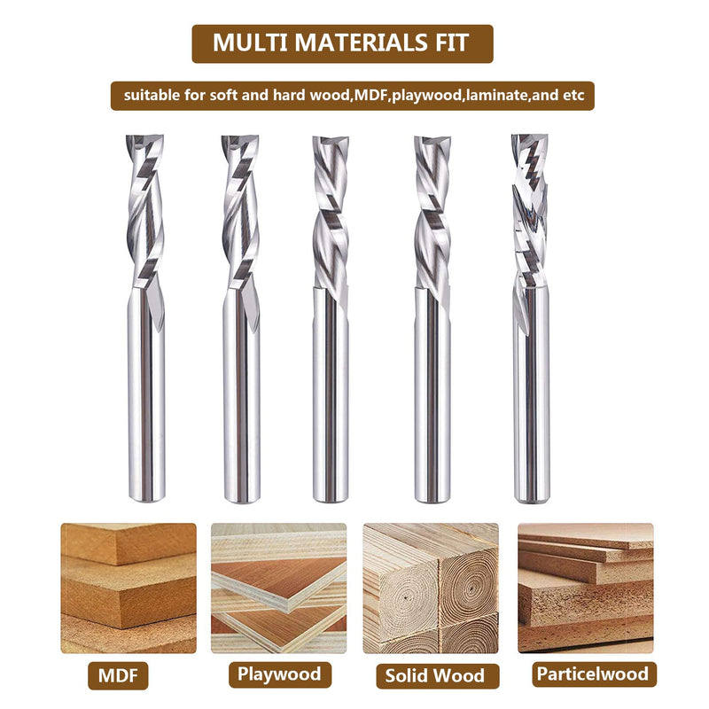 SpeTool 5PCS CNC Router Bits 1/4 Inch Shank with 1 Inch Cutting Length 2 Inch OVL,Spiral Upcut Downcut Compression Router Bit Solid Carbide End Mills for Woodwoking