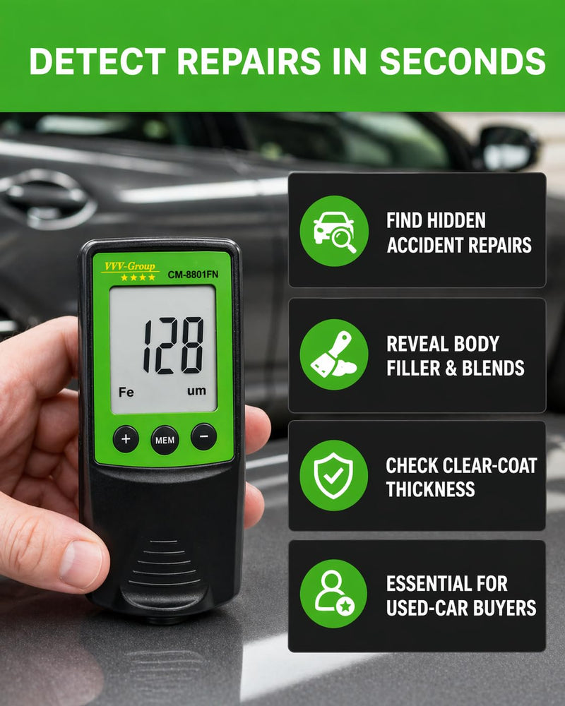 Paint Thickness Gauge CM-8801FN for Cars – Digital Coating Thickness Meter, Auto Fe/NFe Detection, 1 μm Resolution, 0–1250 μm (0–49 mils), ±(3%+2 μm) Accuracy, Automotive Inspection Tool
