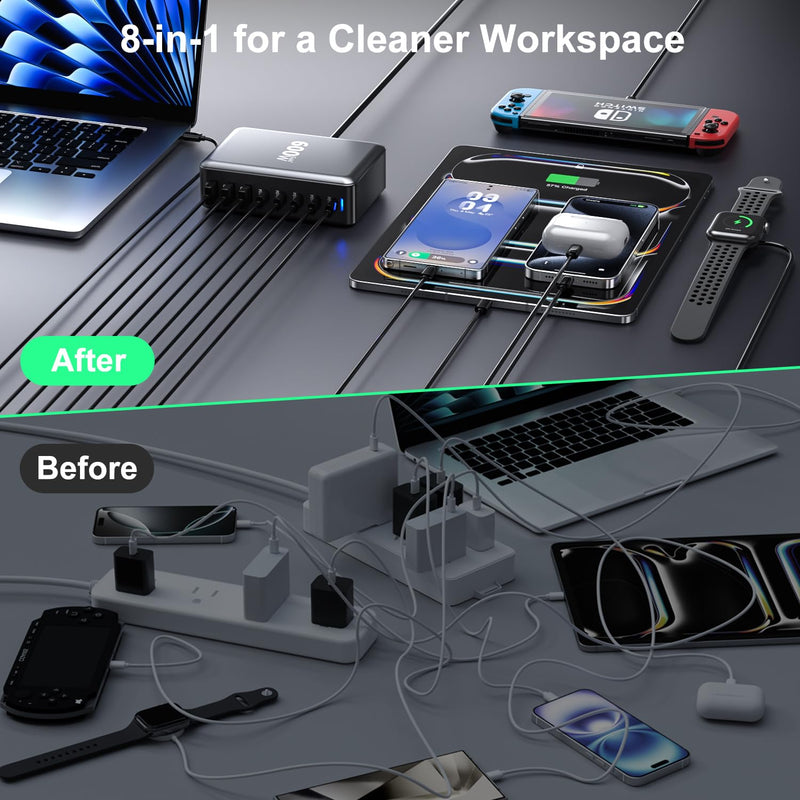 600W USB Charging Station,8-in-1 Multiple USBC Charger Block,Dual PD 140W Laptop Fast Charger Adapter,Multiple Devices Hub Compatible with MacBook Pro/Air,DELL,iPhone15/16,GalaxyS24/S23 and More