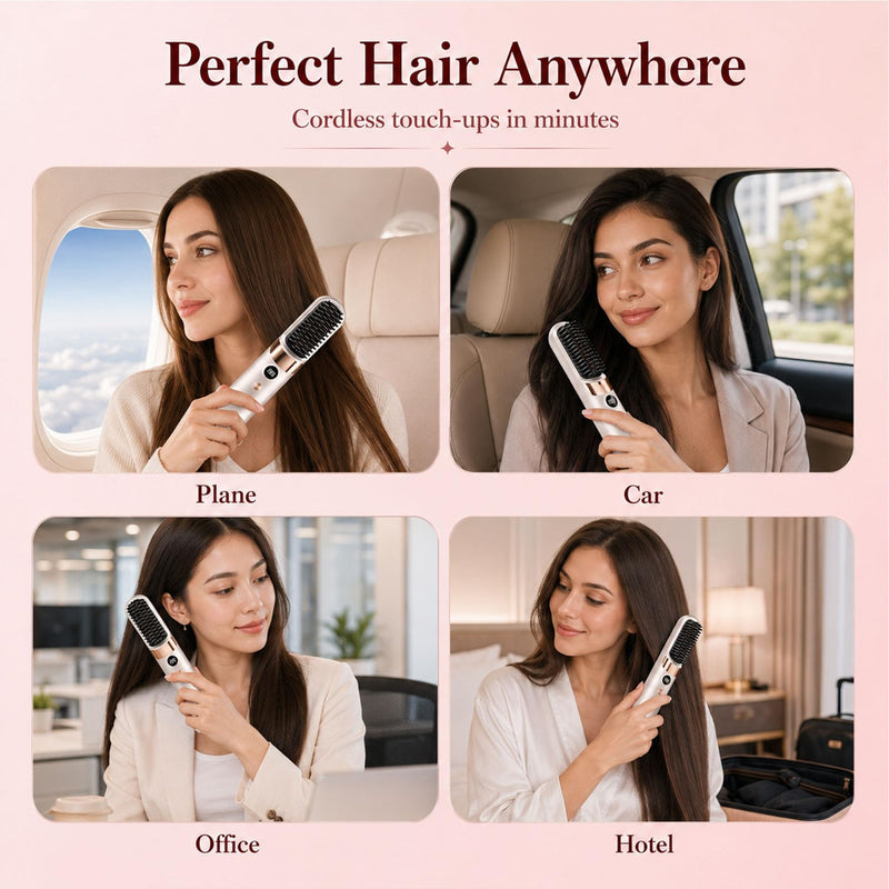  [AUSTRALIA] - Glow Wave Heated Brush, Cordless Hair Straightener Brush - Portable Rechargeable Ceramic Hair Styling Brush with 4 Adjustable Heat Modes & LED Display, Perfect for Travel & Everyday Use