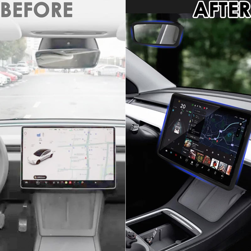 2PCS Protector Trim Frame Compatible with Tesla Model 3 Y 2020-2024 2025 2026 Screen Edge Frame Rearview Mirror Cover Interior Decorations Center Console Decor Highland Juniper Accessories Set (Black) Black
