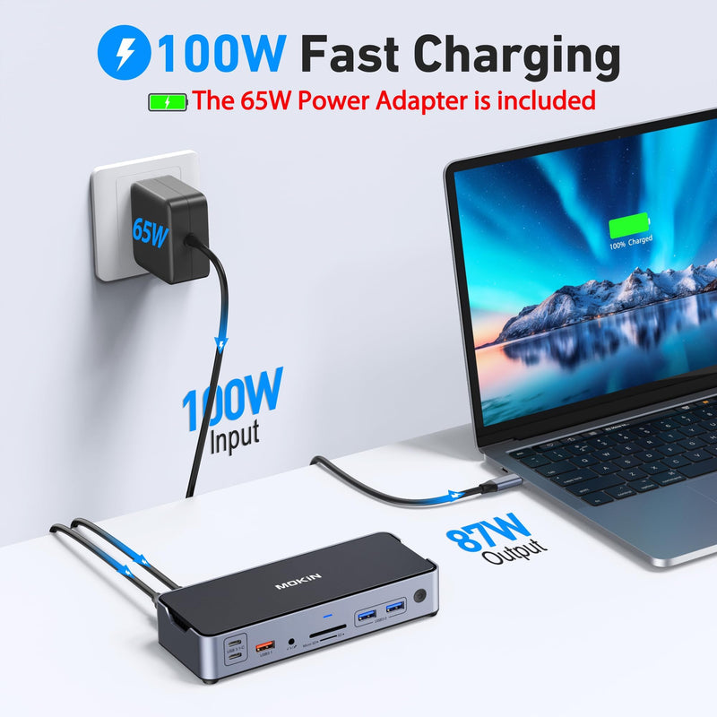 8K USB C Laptop Docking Station Dual Monitor,MOKiN Docking Station 3 Monitors with 2*DisplayPort,HDMI,15 in 1 USB C Dock 100W PD,6*USB Ports,Ethernet,SD&TF,for Dell/HP/MacBook (Include Power Adapter) with Power Adapter