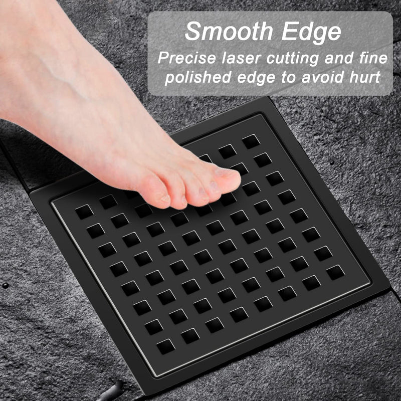 EXF 6-Inch Square Shower Drain with ABS Flange Base, Matte Black 304 Stainless Steel Floor Drain, Removable Grate and Hair Strainer for Modern Bathroom Remodels and Curbless Showers 6IN