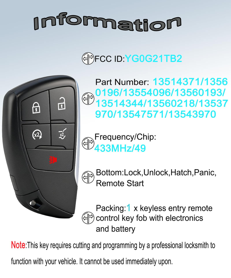 Keyless Entry Remote Control Smart Key Fob for Chevrolet Equinox 2024-2026 | YIKEBALOG 5-Buttons Proximity Key Fob Replacement for Chevrolet Traverse Blazer EV 2024-2026/GMC Acadia 2024-2025 YG0G21TB2