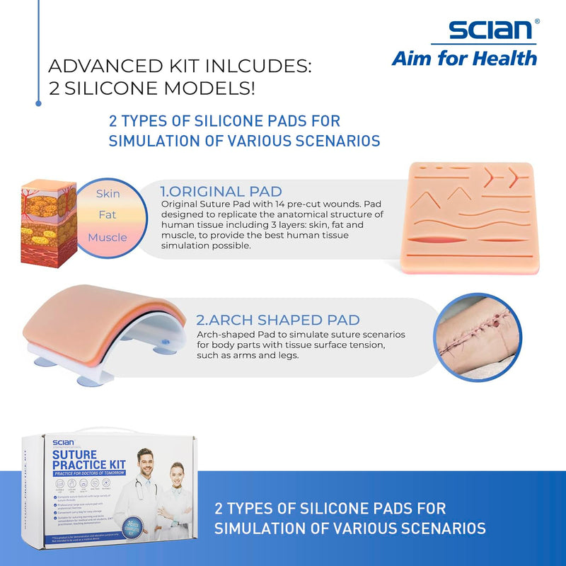Scian Advanced Practice Kit for Medical Students (36 Pcs) Complete Suture Kit Includes Variety of Suture Threads, Unique Arch-Shaped Pad, Suture Pad with 14 Pre-Cut Wounds (Education Only)