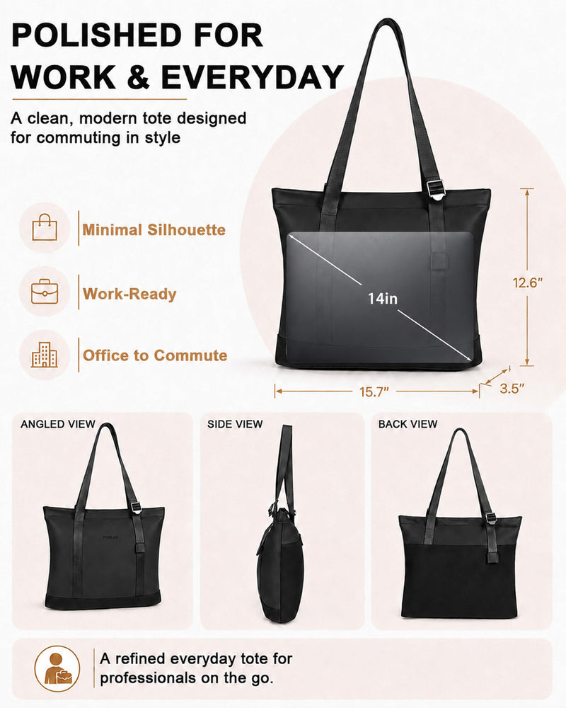 FHELAD Laptop Tote Bag for Women, Vegan Leather Work Shoulder Bag | 14 in Laptop Compatible, Tracker Slot, Padded, Compact, Office, College Black