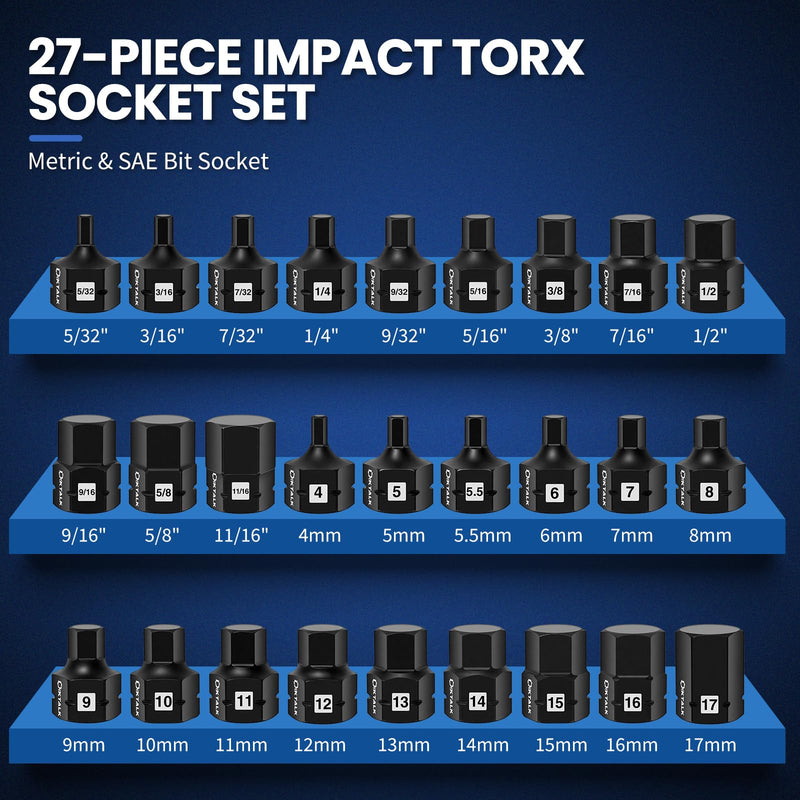 3/8" Drive Stubby Hex Bit Socket Set,27PCS Impact Allen Socket Set with SAE & Metric Sizes (5/32"-11/16" & 4mm-17mm),Anti-Roll Design for Impact Use 3/8" Drive socket 27PCS