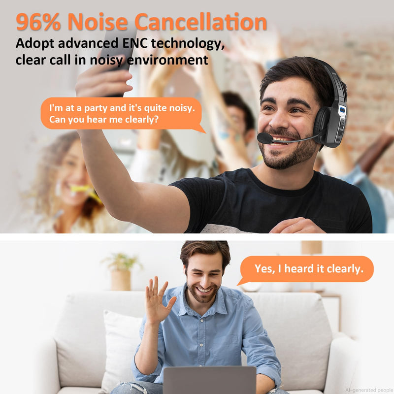 LEVN Bluetooth Headset with Microphone, Trucker Bluetooth Headset with AI Noise Cancelling & Mute Button, Wireless On-Ear Headphones 60 Hrs Working Time, for Trucker Home Office Remote Work Zoom Black