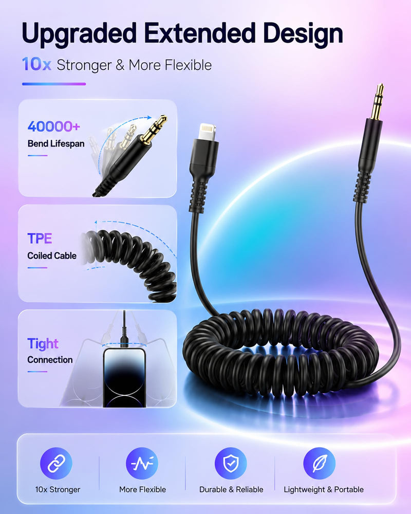 iPhone Aux Cord, Coiled Lightning to 3.5mm Ox Cable for Car Stereo Speaker | Lightening to 3.5mm Aux Jack, Retractable 6ft Lighting Auxiliary Car Stereo Auxiliar Ox Adaptador Audio Flexible for Apple