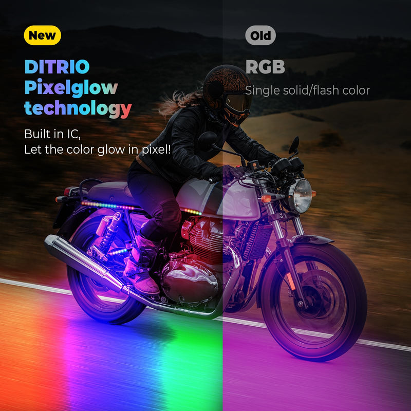 8Pcs Motorcycle Led Underglow Kit with Brake Turn Signal, Motorcycle RGB Lights with DITRIO APP/RF Remote Control, Dual Zone,12V Waterproof Pixelglow Effects for Motorcycles, Golf Carts, ATVs, UTVs 8PCS-(New 3 Control Mode)