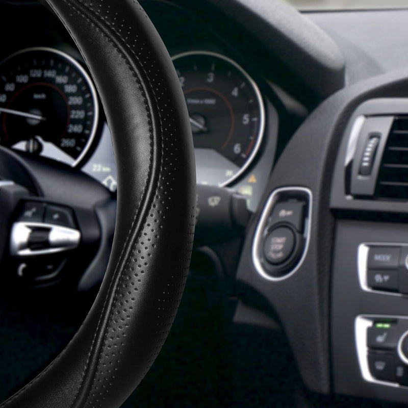 HAOKAY Top Grade Black Genuine Leather Steering Wheel Cover Men Women, Luxury Steering Wheel Cover for Cars, SUVS and Trucks，Universal 14.5-15 inch Standard size[14 1/2''-15'']