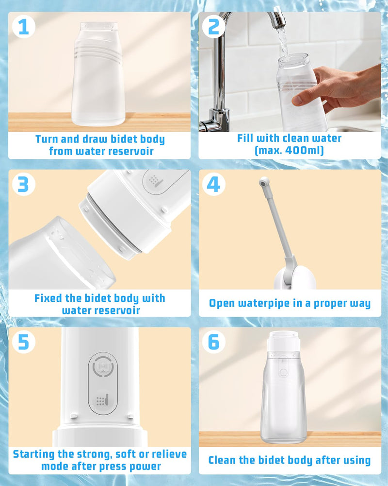 Portable Bidet for Travel with 400ml Bottle, Rechargeable Electric Travel Bidet with 3 Pressure Modes, Waterproof Handheld Bidet Sprayer for Women Men Baby Cleaning