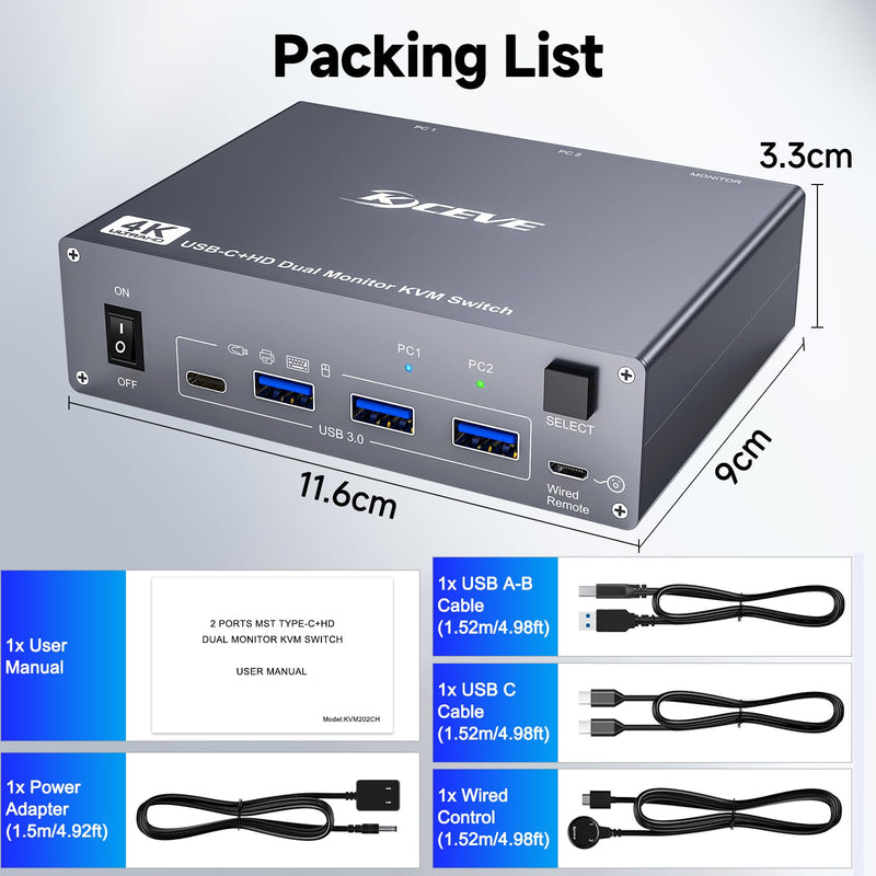 USB C HDMI KVM Switch for 1 Desktop+1 Laptop, Dual Monitor KVM Switch 4K@60Hz Support PD with USB C Cable, Wired Controller and Power Adapter USB C HDMI KVM Switch 2 PC 2 Monitor