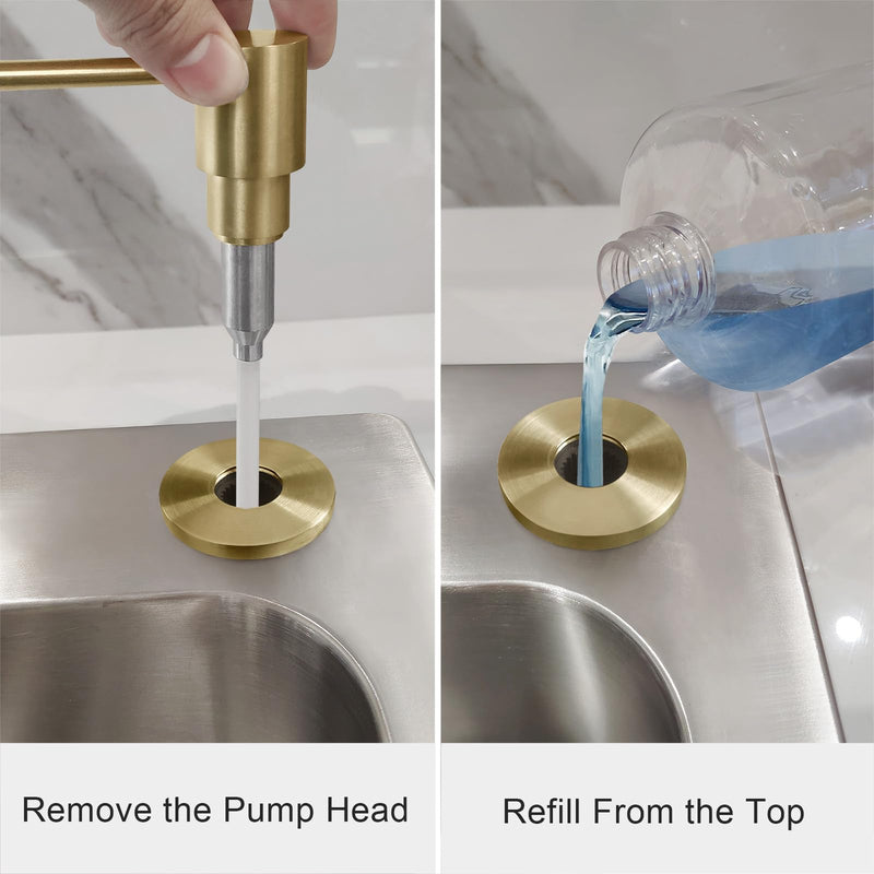 Brushed Gold All Brass Sink Soap Dispenser for Kitchen Sink Deck Mounted with 17 OZ Above The Sink Refillable PET Bottle Brass Pump Head in Counter Dish Soap Dispenser Brushed Gold Short Pump Head