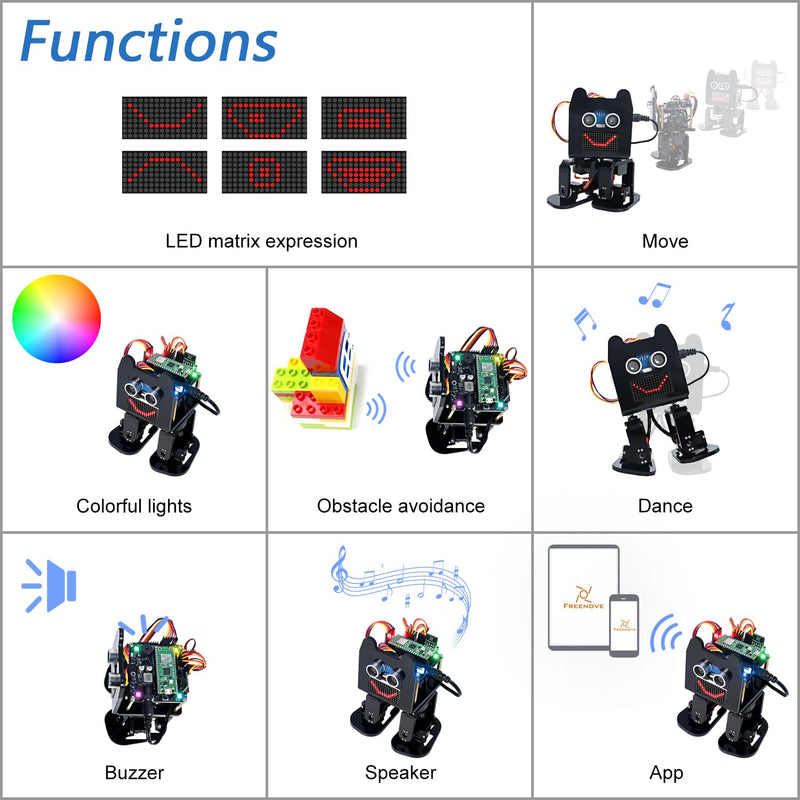 Freenove Bipedal Robot Kit for Raspberry Pi Pico W (Included) (Compatible with Arduino IDE), LED Matrix Expressions, Obstacle Avoidance, Colorful Lights, Buzzer, Speaker, App with Raspberry Pi Pico W